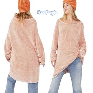 Free People Sunset Wash Distressed Knit Sweater Tunic Coral Orange M